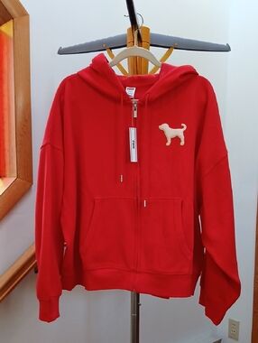 PINK Victoria's Secret Limited Edition Vermillion Red Sherpa Dog Zip Hoodie NWT